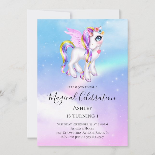 Snygg Unicorn med Rainbow Mane Birthday Inbjudningar (Framsida)