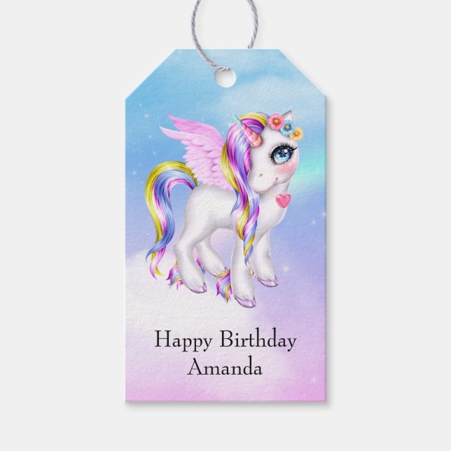 Snygg Unicorn med Rainbow Mane Birthday Presentetikett (Framsidan)