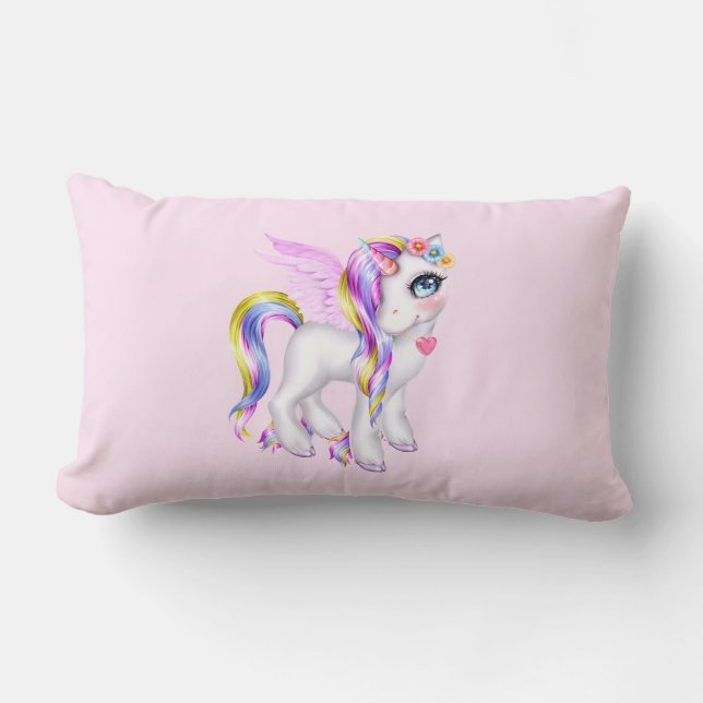 Snygg Unicorn med Rainbow Mane Lumbarkudde (Framsida)