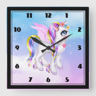 Snygg Unicorn med Rainbow Mane & Svan Fyrkantig Klocka