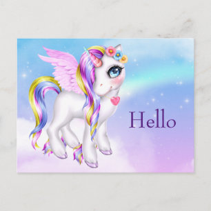 Snygg Unicorn med Rainbow Mane & Svan Hej Vykort