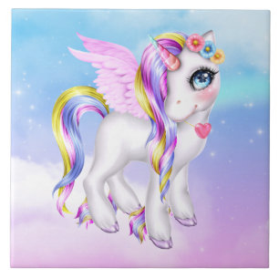 Snygg Unicorn med Rainbow Mane & Svan Kakelplatta