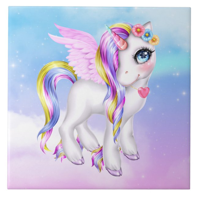 Snygg Unicorn med Rainbow Mane & Svan Kakelplatta (Framsidan)