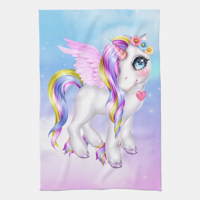 Snygg Unicorn med Rainbow Mane & Svan Kökshandduk (Vertikal)
