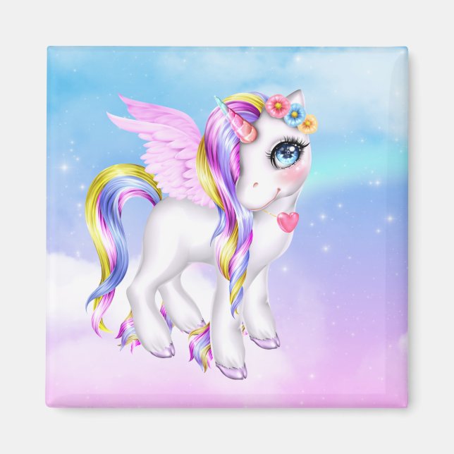 Snygg Unicorn med Rainbow Mane & Svan Magnet (Framsidan)