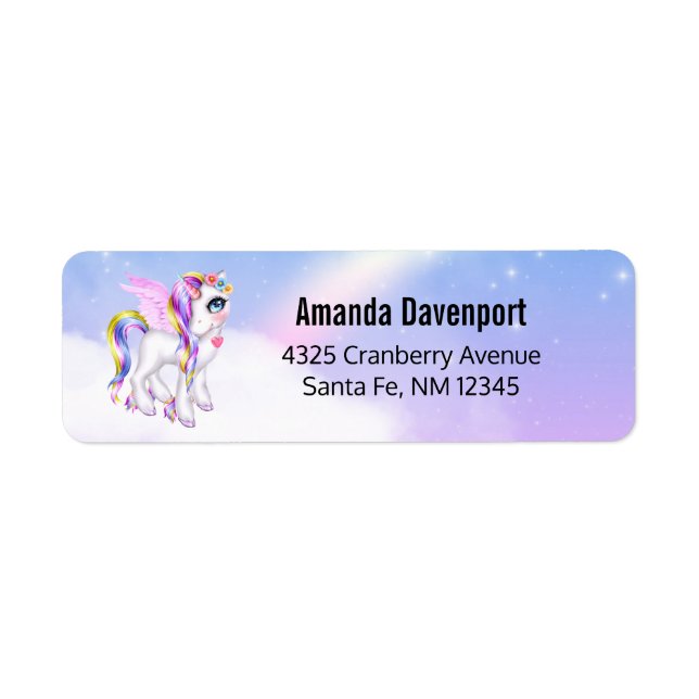 Snygg Unicorn med Rainbow Mane & Svan Returadress Etikett (Framsidan)