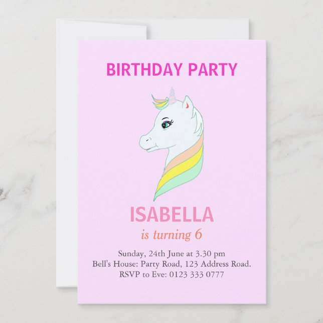 Snygg Unicorn på Ljusa rosa 6e-Födelsedagsfesten Inbjudningar (Framsida)