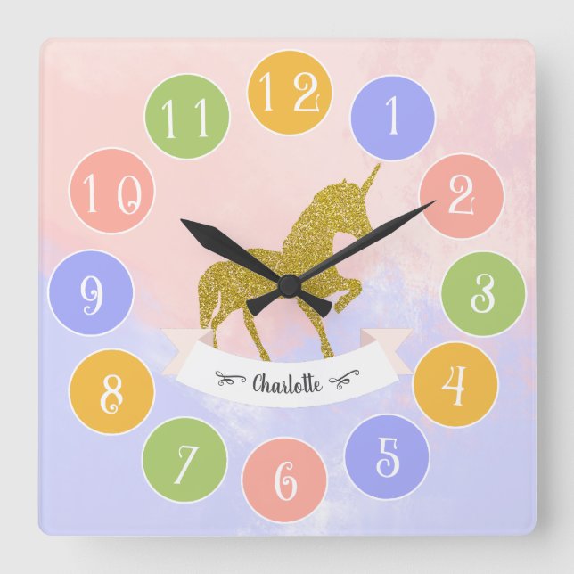 Snygg Unicorn Silhouette fylld med Glitter Squ Fyrkantig Klocka (Framsida)