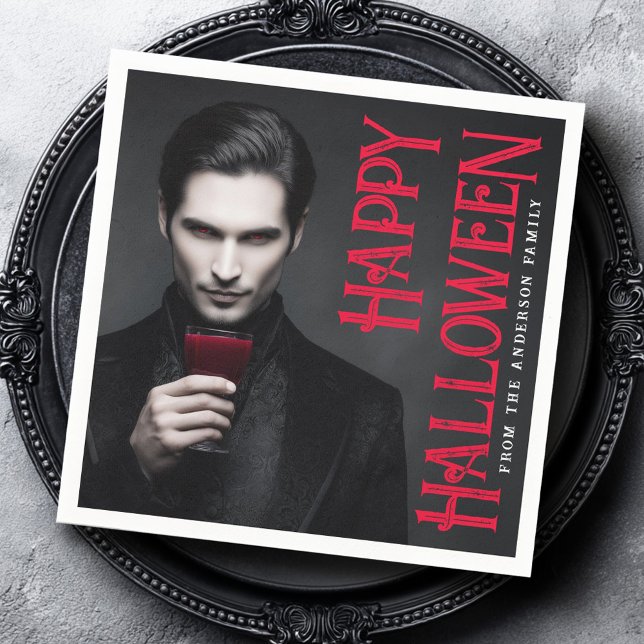 Snygg vampyr dricker blod Halloween-fest Pappersservett (Handsome vampire drinking blood Halloween party Napkins)