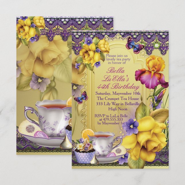 Snygg Vår Tea Party Födelsedagsfest inbjudan (Fram/baksida)