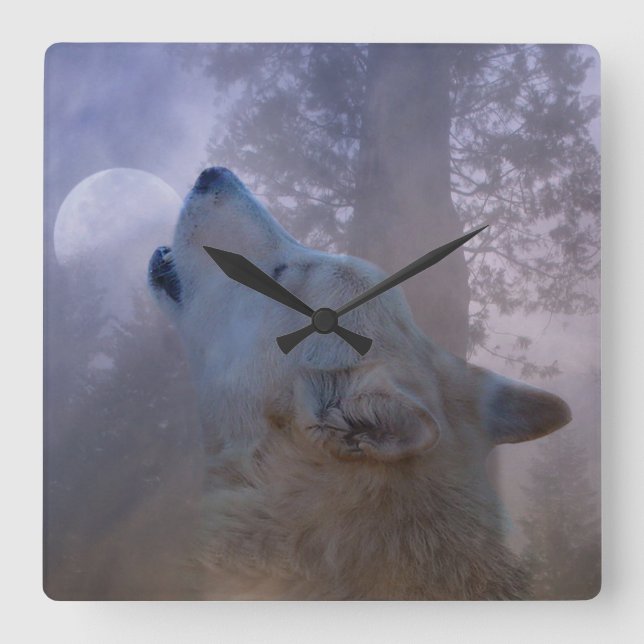 Snygg Varg och Måne Clock Fyrkantig Klocka (Framsida)