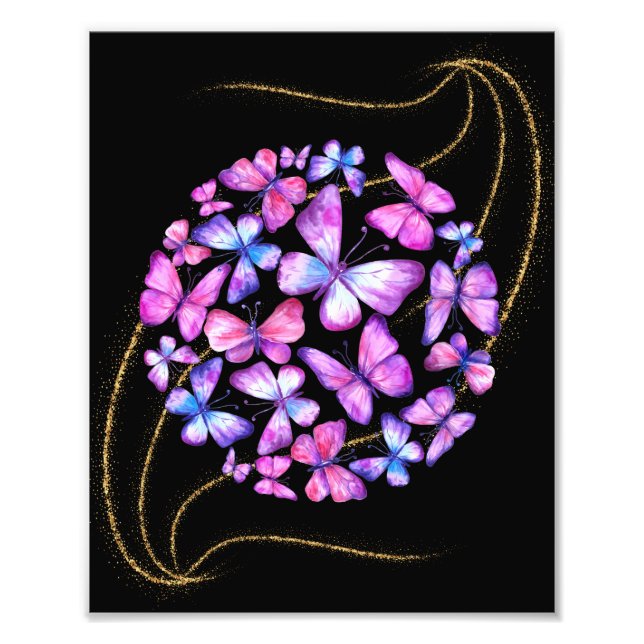 Snygg vattenfärg Butterflies med Guld Bling Fototryck (Framsidan)