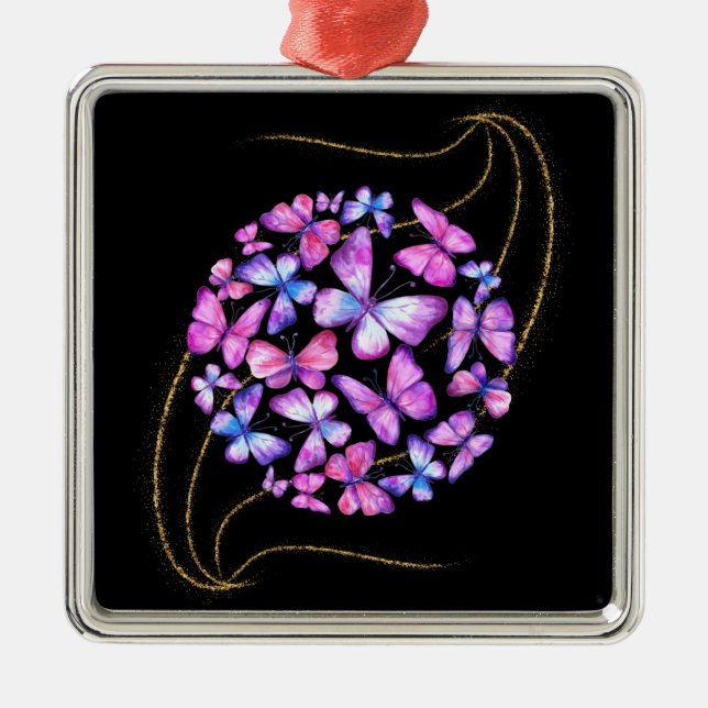 Snygg vattenfärg Butterflies med Guld Bling Julgransprydnad Metall (Framsidan)