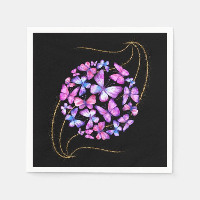 Snygg vattenfärg Butterflies med Guld Bling Pappersservett (Framsidan)