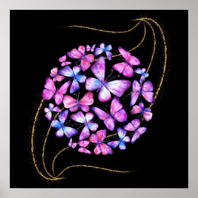 Snygg vattenfärg Butterflies med Guld Bling Poster (Framsidan)