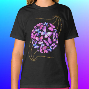 Snygg vattenfärg Butterflies med Guld Bling T Shirt