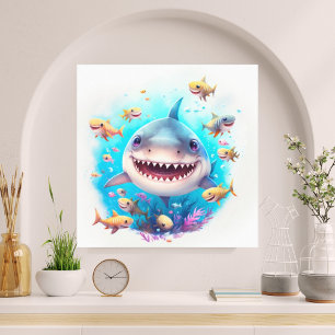 Snygg vattenfärg Smiling Baby Shark Undersea Canvastryck