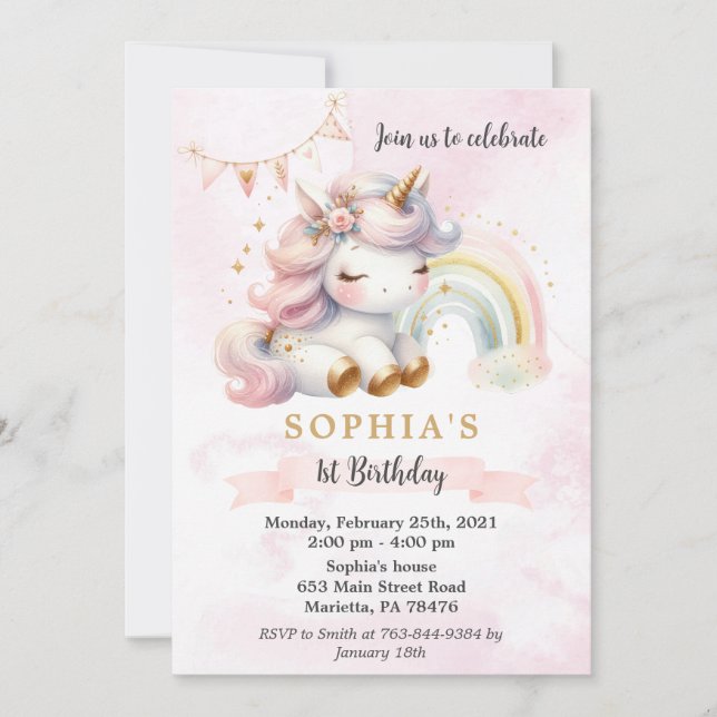 Snygg vattenfärg Unicorn och Rainbow Birthday Inbjudningar (Framsida)