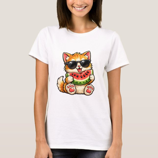 Snygg Vattenmelon Katt T Shirt (Framsida)