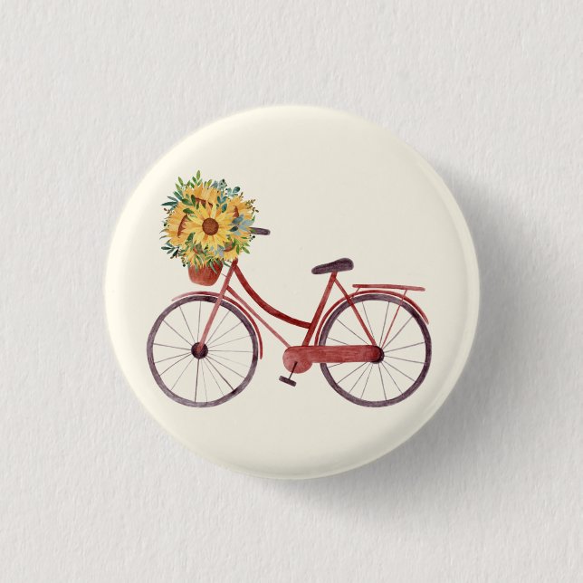 Snygg Vintage Bicycle med solblommor   Knapp (Framsida)