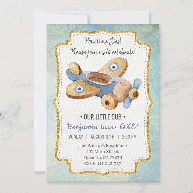 Snygg Vintage Flygplanspojke Leksak födelsedag Inbjudningar (Framsida)
