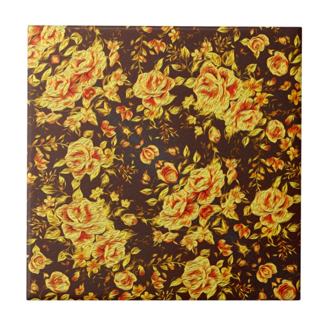 Snygg vintage gula blommor kakelplatta (Framsidan)