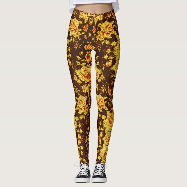 Snygg vintage gula blommor leggings (Framsida)