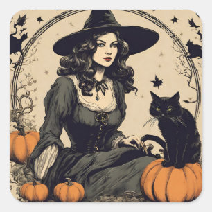 Snygg Vintage Halloween Witch med svart katt Fyrkantigt Klistermärke