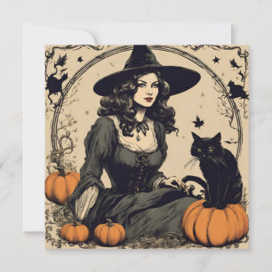 Snygg Vintage Halloween Witch med svart katt Kort