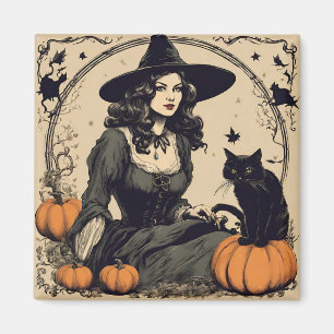 Snygg Vintage Halloween Witch med svart katt Magnet