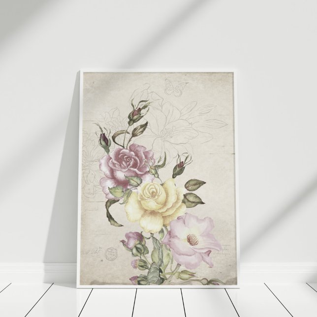 Snygg vintage ro poster (Beautiful vintage roses poster in a white frame in a white room.)