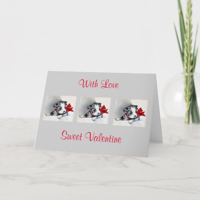 Snygg Vintage Valentine Boston Terrier Puppy Helgkort (Framsida)