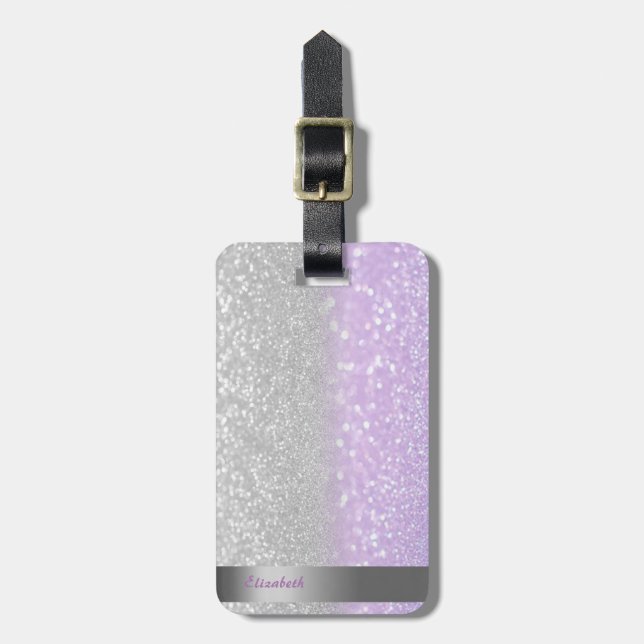 Snygg Violett Silver Glitter Bokeh Ombre Randig Bagagebricka (Vertikal Framsida)
