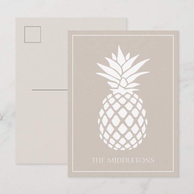 Snygg vit ananas på beige vykort (Fram/baksida)
