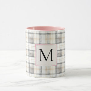 Snygg vit grå rutig randig monogram mugg