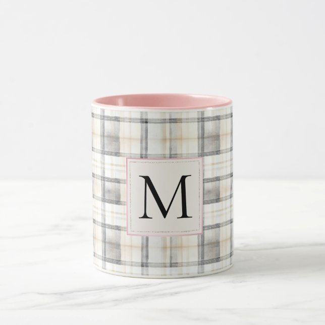 Snygg vit grå rutig randig monogram mugg (Center)