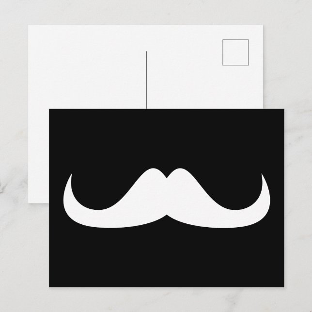 Snygg vit handlebarmustasch på svart vykort (Fram/baksida)