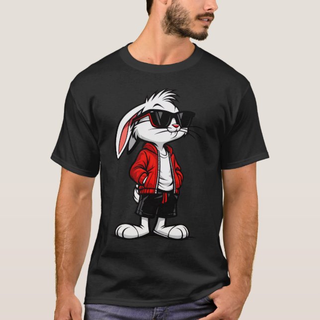 Snygg vit kanin i röd jacka t shirt (Framsida)