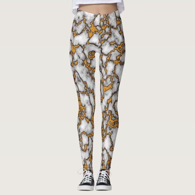 Snygg vit och Guld Marble Struktur Design Leggings (Framsida)