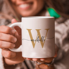 Snygg vit och guldmonogramnamn skript kaffemugg