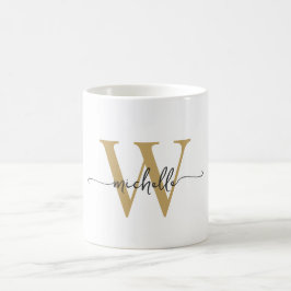 Snygg vit och guldmonogramnamnsskrift kaffemugg