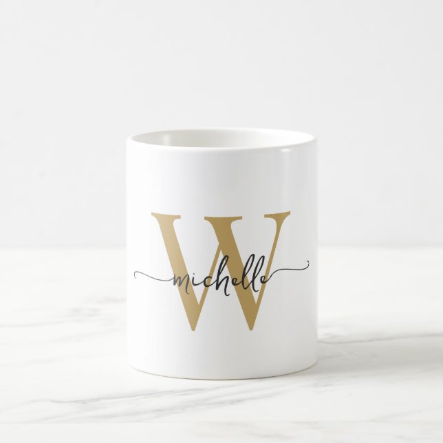 Snygg vit och guldmonogramnamnsskrift kaffemugg (Center)