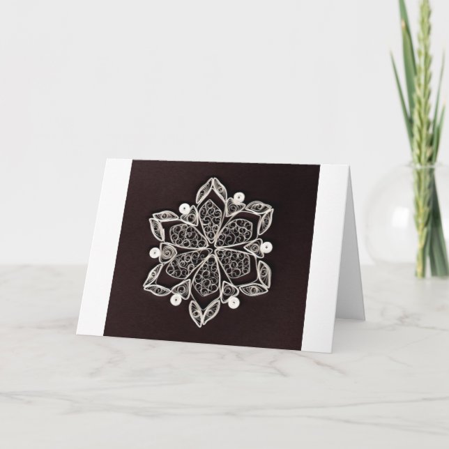 Snygg vit, Quilling Snowflake Black Background Helgkort (Framsida)