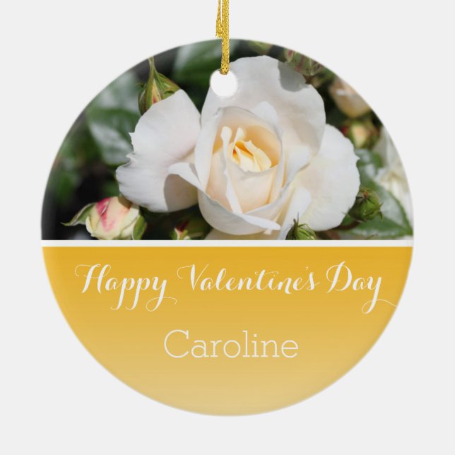Snygg vit ros-blomma - Alla hjärtans dag Julgransprydnad Keramik (Baksidan)