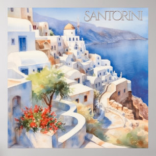 Snygg Watercolor Santorini Greece Travel Poster