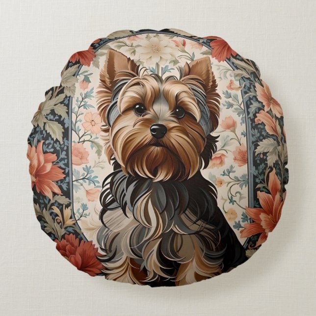 Snygg Yorkie | Yorkshire Terrier Porträtt Rund Kudde (Framsidan)