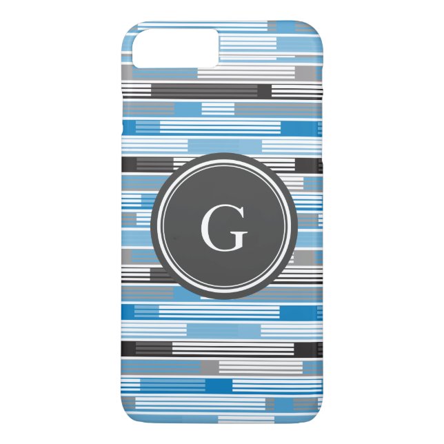 Snygga blå grå svarta ränder Anpassad monogram Case-Mate iPhone Skal (Baksida)