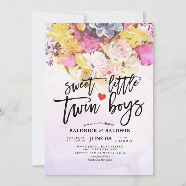 Snygga blommor Baby Shower Söta små tvillingpojkar Inbjudningar (Framsida)