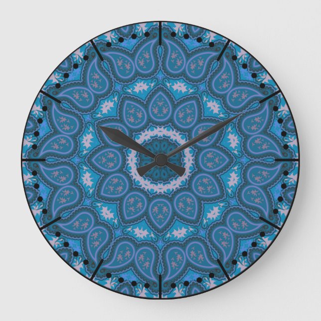 Snygga Blues Boho Paisley Stor Klocka (Framsida)