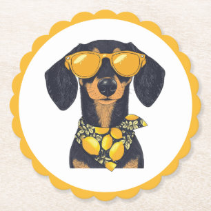 Snygga dachshund hund solglasögon citroner underlägg papper